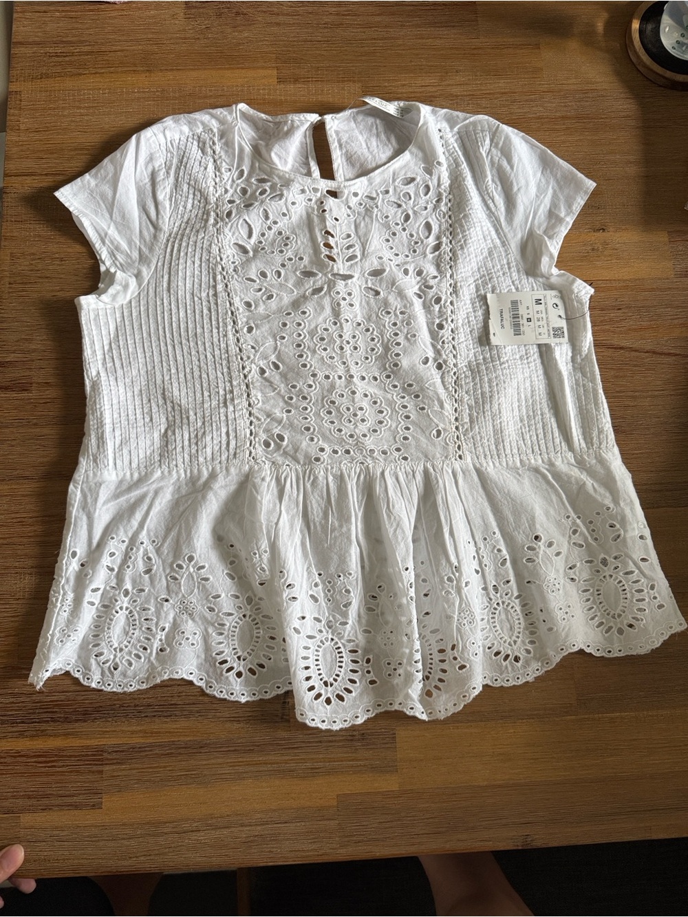 Zara White Eyelet Peplum Short-Sleeve Top